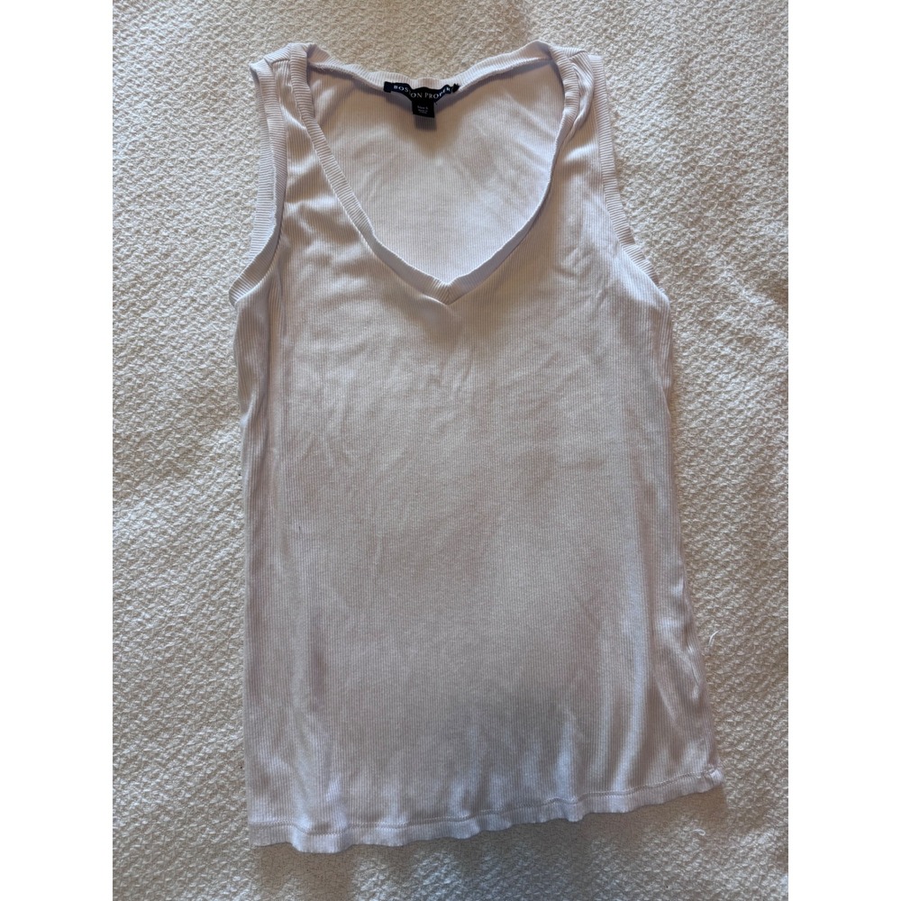Boston Proper White Ribbed V-Neck Tank Top Sleeveless Knit Shirt Small